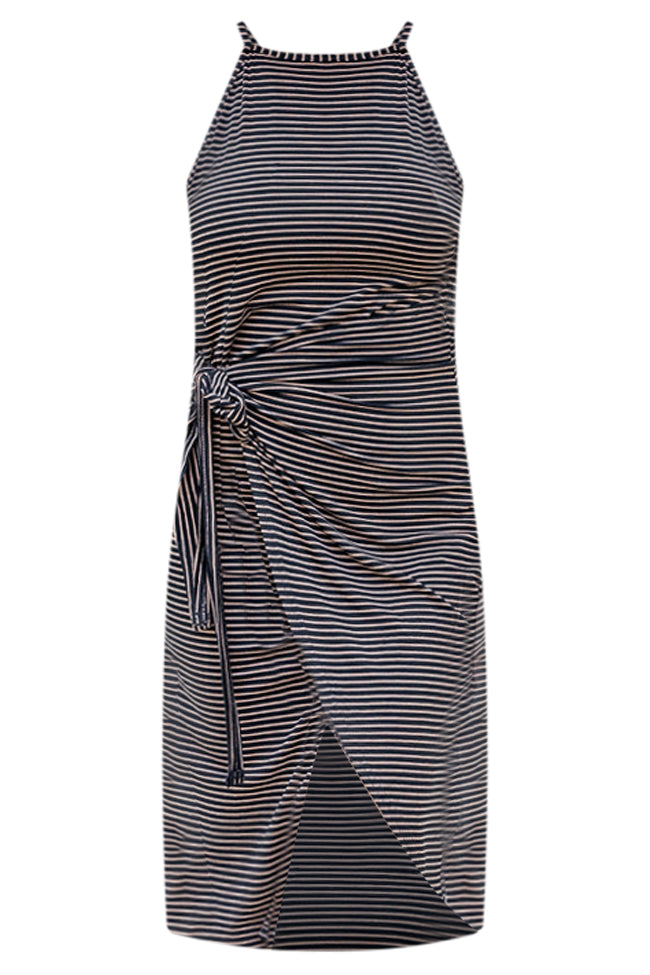 In A Dream State Black and Brown Striped Tank Tie Front Midi Dress