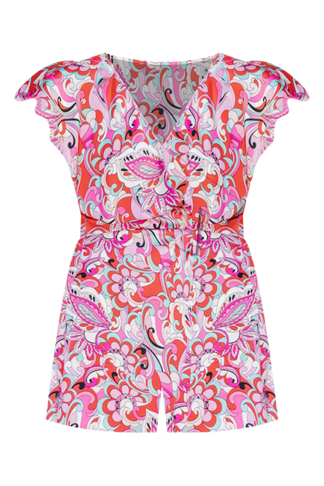 In The Sky Pink And Red Abstract Printed Satin Romper FINAL SALE