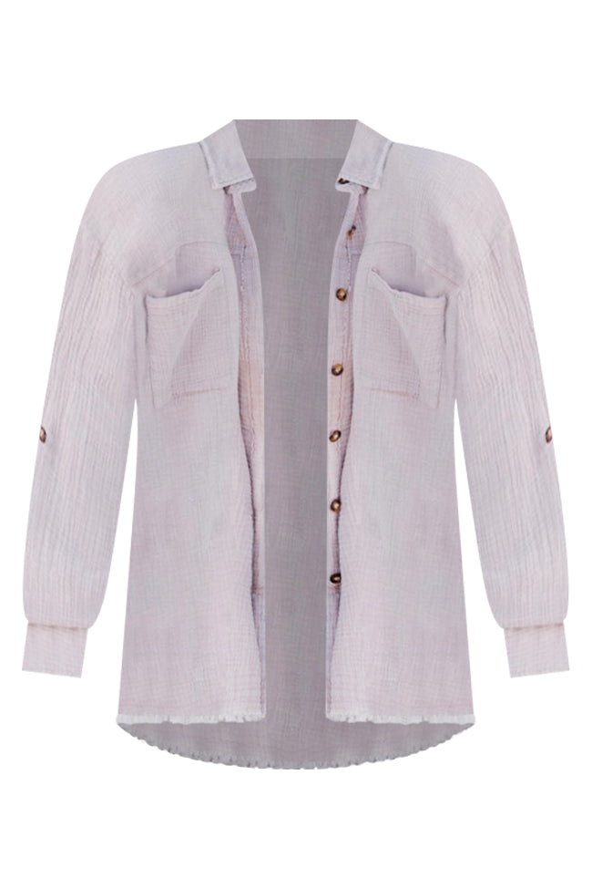 It's Not Over Taupe Acid Washed Gauze Button Front Blouse