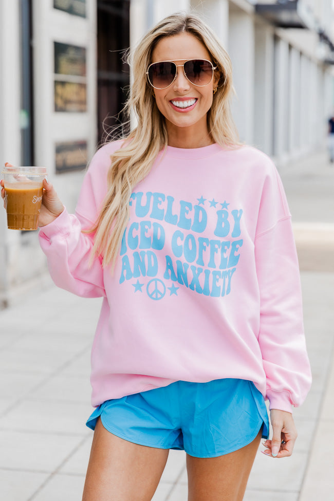 Fueled by Iced Coffee and Anxiety Light Pink Oversized Graphic Sweatshirt