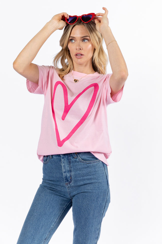 Heart Sketch Light Pink Oversized Graphic Tee