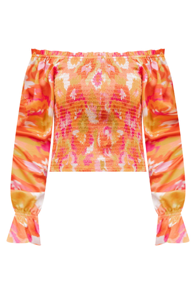 Just A Moment Orange Floral Print Off The Shoulder Blouse FINAL SALE