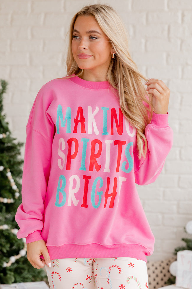 Making Spirits Bright Pink Oversized Graphic Sweatshirt