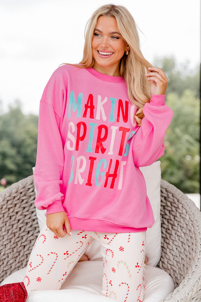 Making Spirits Bright Pink Oversized Graphic Sweatshirt