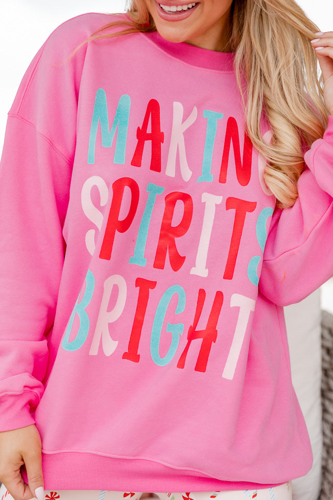 Making Spirits Bright Pink Oversized Graphic Sweatshirt