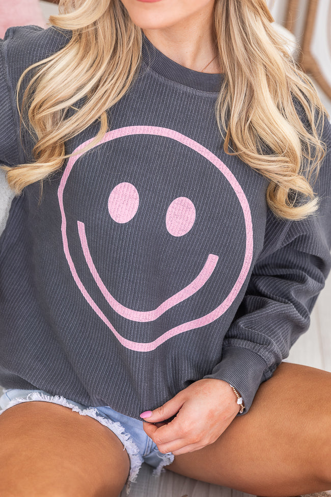 Pink Smiley Charcoal Corded Graphic Sweatshirt FINAL SALE