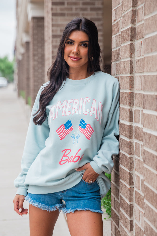 American Babe Light Blue Oversized Graphic Sweatshirt