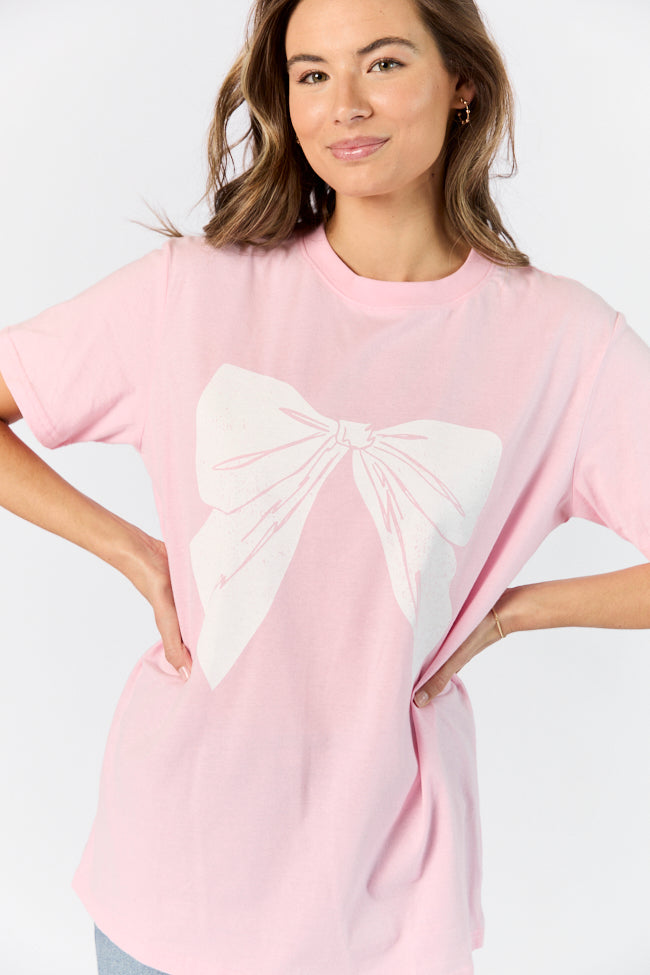 Vintage White Bow Light Pink Oversized Graphic Tee