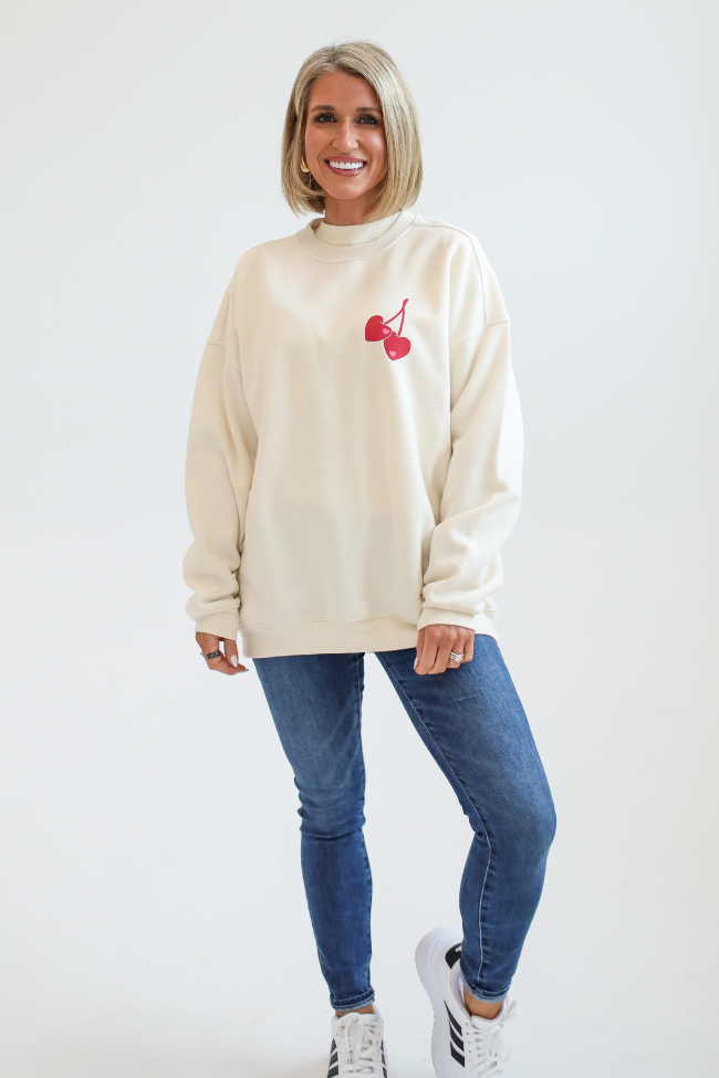 I Love You Cherry Much Cream Oversized Graphic Sweatshirt Kalee Rogers X Pink Lily