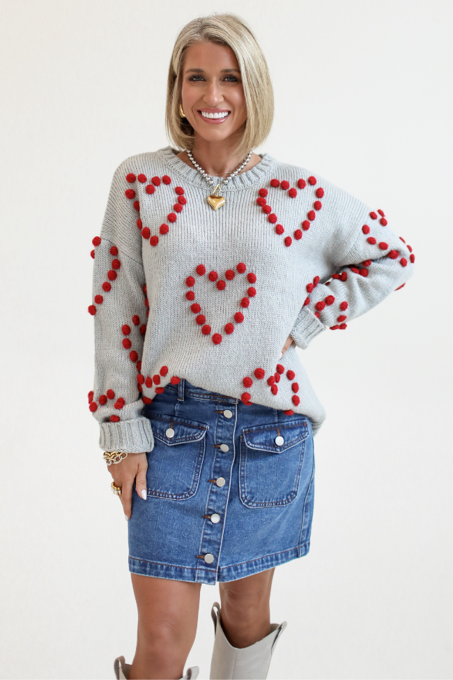 Adore You Grey and Red Oversized Heart Pom Sweater Kalee Rogers X Pink Lily