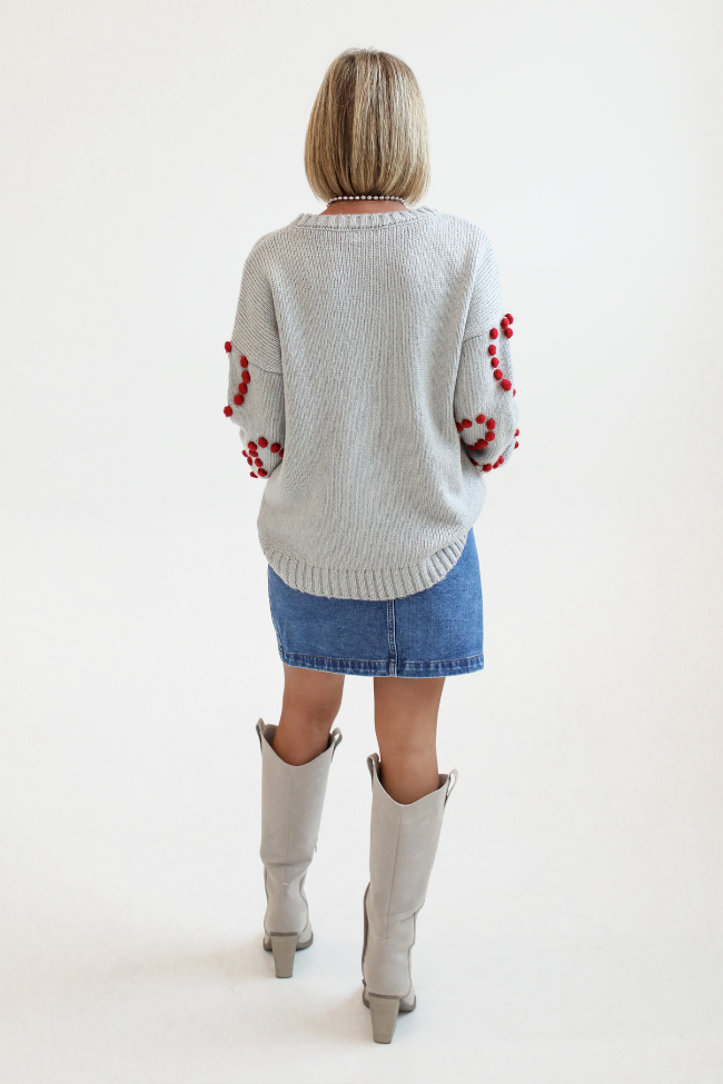 Adore You Grey and Red Oversized Heart Pom Sweater Kalee Rogers X Pink Lily