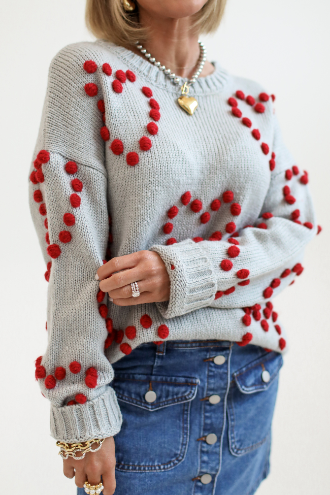 Adore You Grey and Red Oversized Heart Pom Sweater Kalee Rogers X Pink Lily