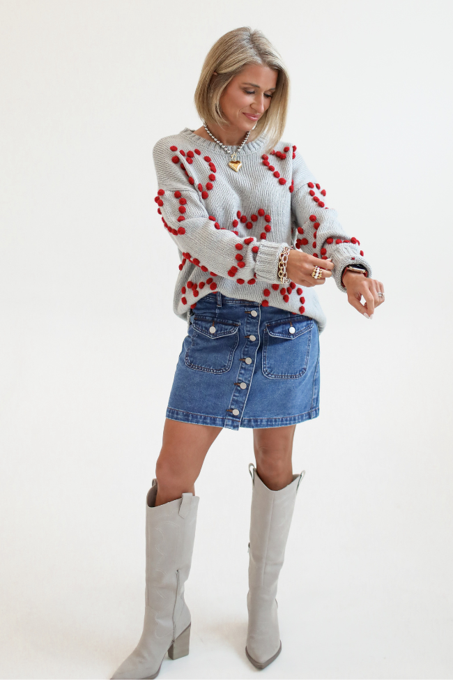 Adore You Grey and Red Oversized Heart Pom Sweater Kalee Rogers X Pink Lily