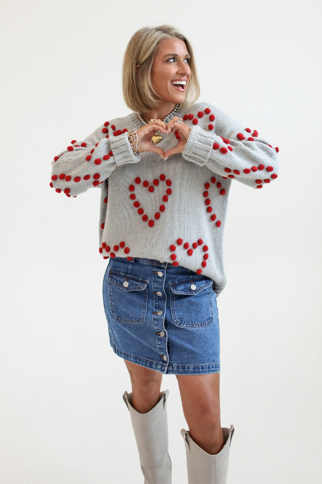 Adore You Grey and Red Oversized Heart Pom Sweater Kalee Rogers X Pink Lily