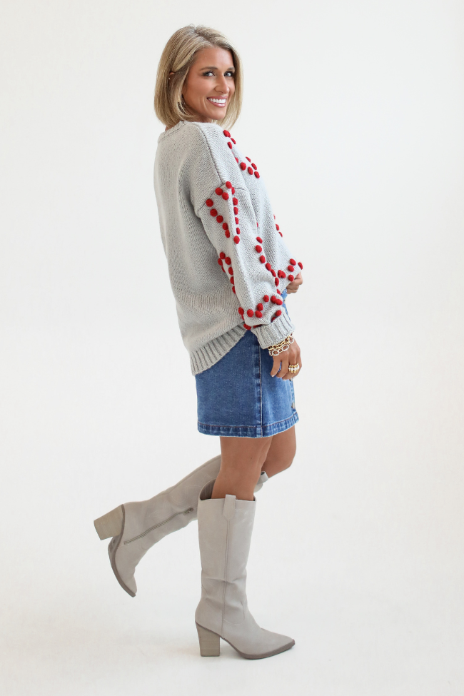 Adore You Grey and Red Oversized Heart Pom Sweater Kalee Rogers X Pink Lily