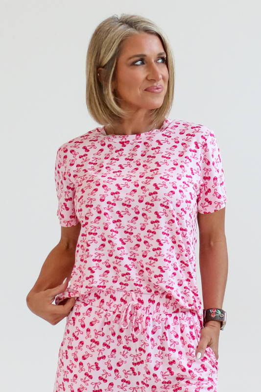 Over the Moon Cherry Hearts Pajama Top Kalee Rogers x Pink Lily FINAL SALE