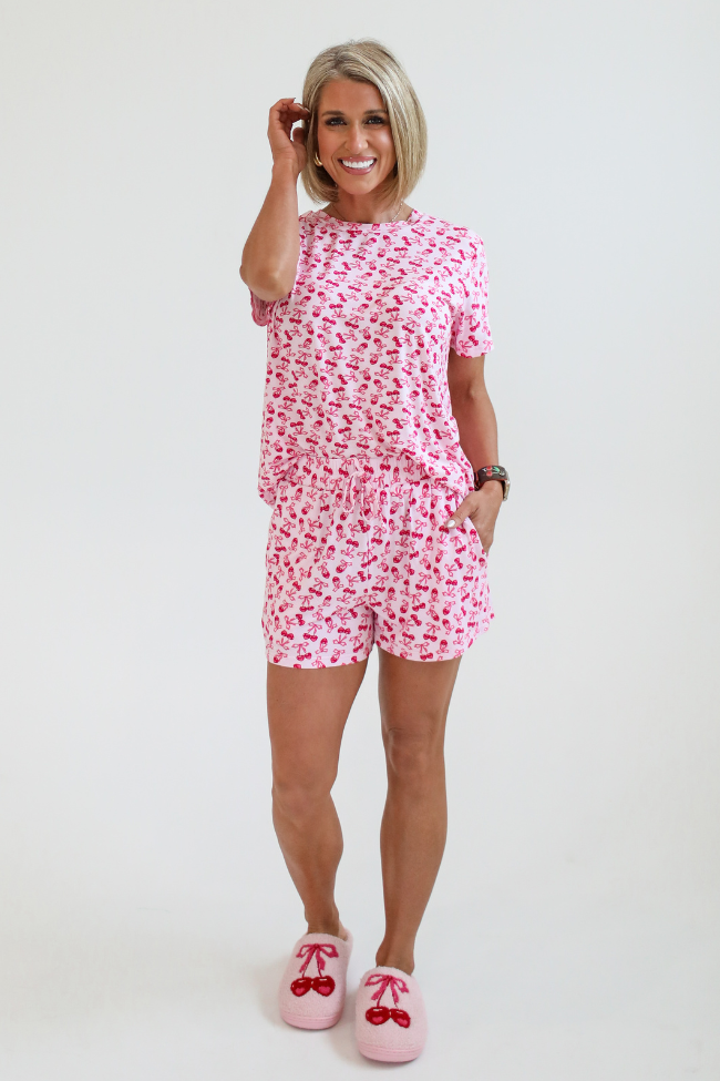 Over the Moon Cherry Hearts Pajama Shorts Kalee Rogers x Pink Lily