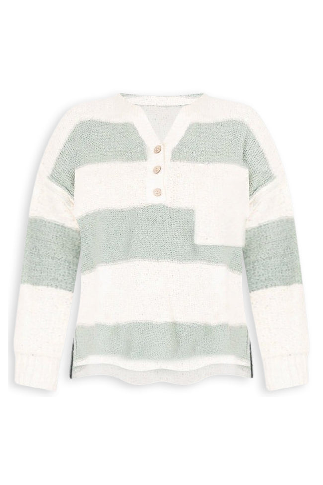 Know You Best Olive Striped Oversized Henley Sweater