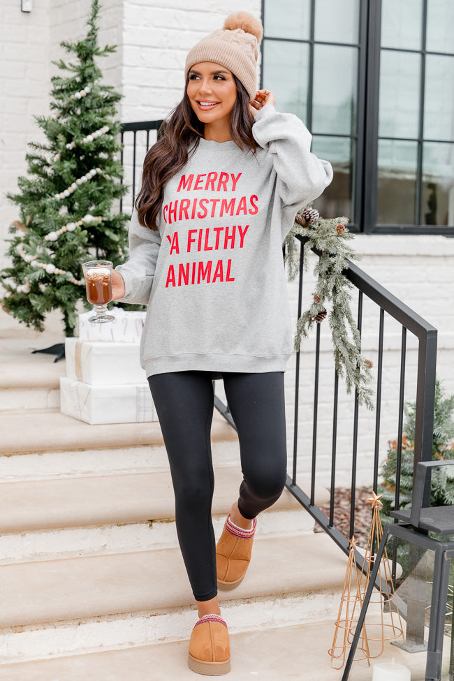 Merry Christmas Ya Filthy Animal Grey Oversized Graphic Sweatshirt