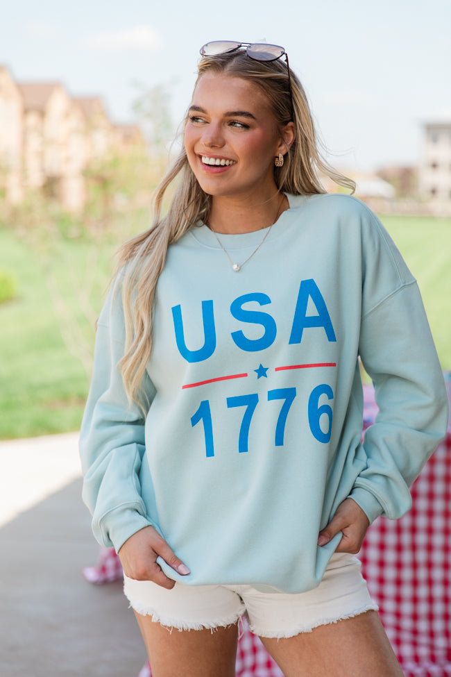 USA 1776 Light Blue Oversized Graphic Sweatshirt