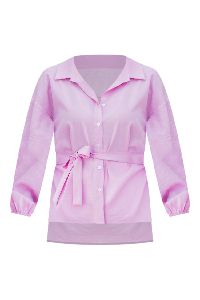 Love Yourself Pink Collared Belted Button Front Blouse FINAL SALE