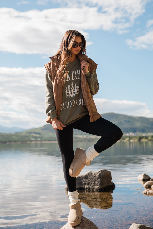 Lake Tahoe Olive Oversized Graphic Sweatshirt