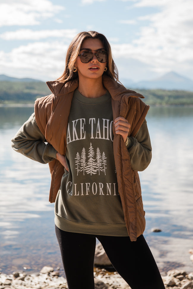 Lake Tahoe Olive Oversized Graphic Sweatshirt