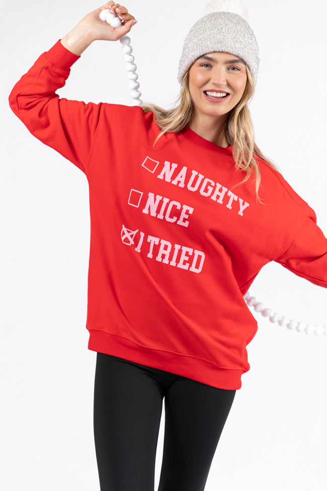 Naughty Nice I Tried Red Oversized Graphic Sweatshirt