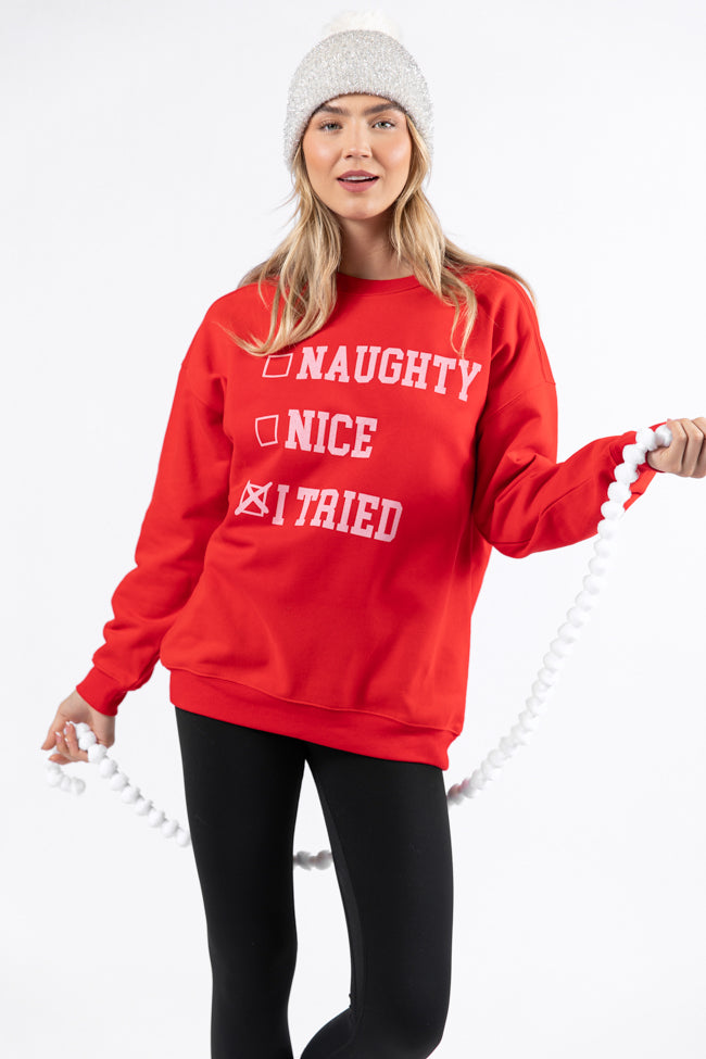 Naughty Nice I Tried Red Oversized Graphic Sweatshirt