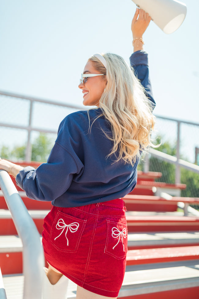 All You've Got Red Bow Embroidered Pocket Corduroy Skirt