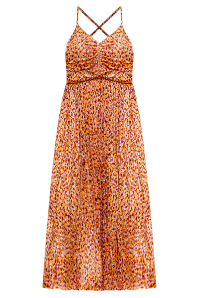 Nothing You Can't Do Orange Multi Printed Pleated Ruched Bust Midi Dress FINAL SALE