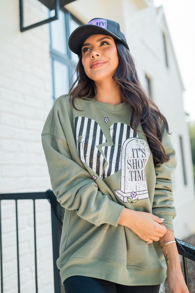 It's Showtime Olive Oversized Graphic Sweatshirt