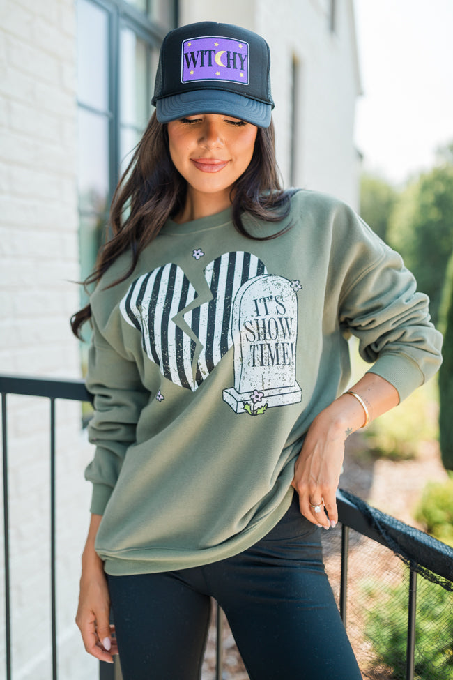 It's Showtime Olive Oversized Graphic Sweatshirt