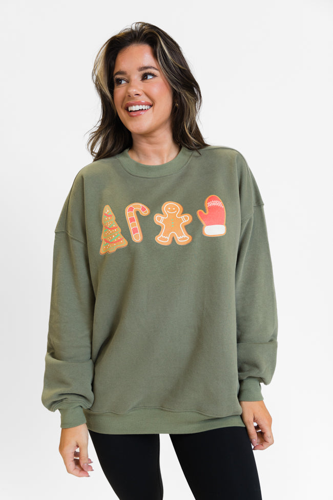 Christmas Cookie Icons Olive Oversized Graphic Sweatshirt