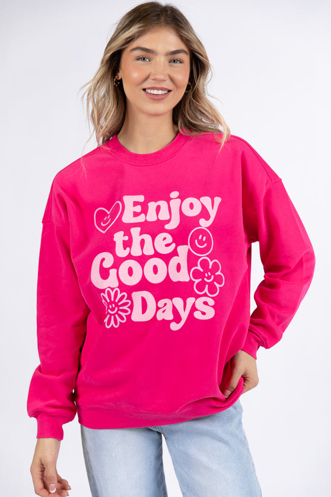 Enjoy Good Days Hot Pink Oversized Graphic Sweatshirt DOORBUSTER