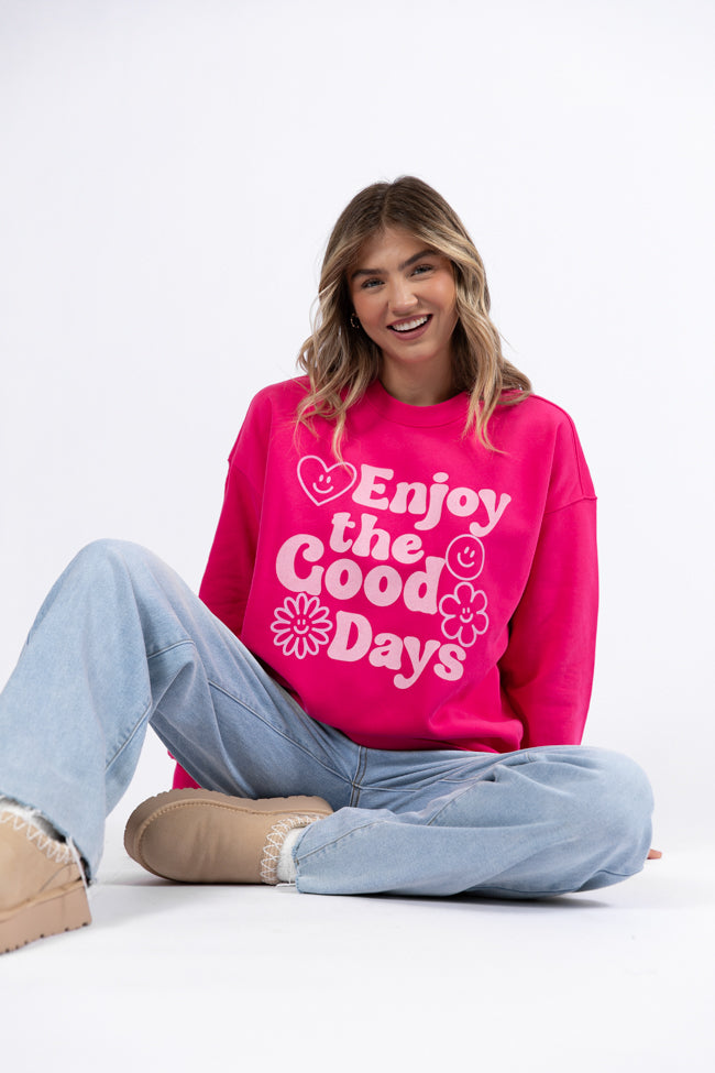 Enjoy Good Days Hot Pink Oversized Graphic Sweatshirt DOORBUSTER