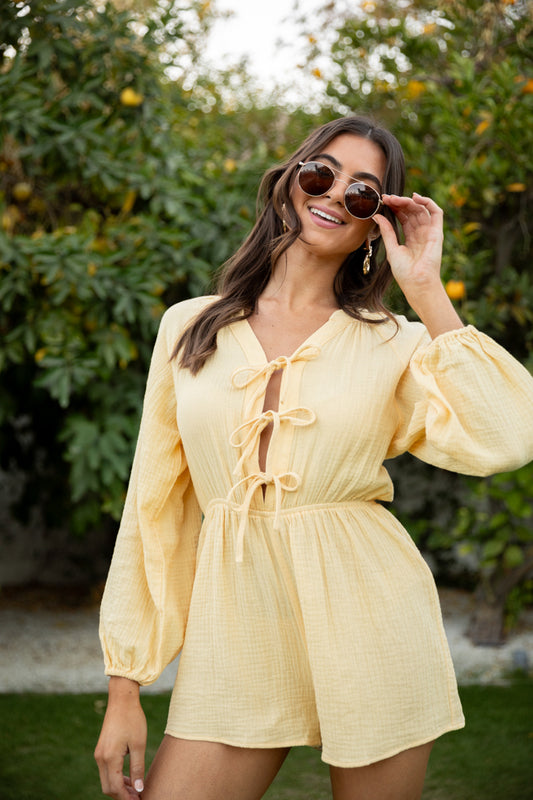 Endless Sunshine Yellow Tie Front Long Sleeve Romper