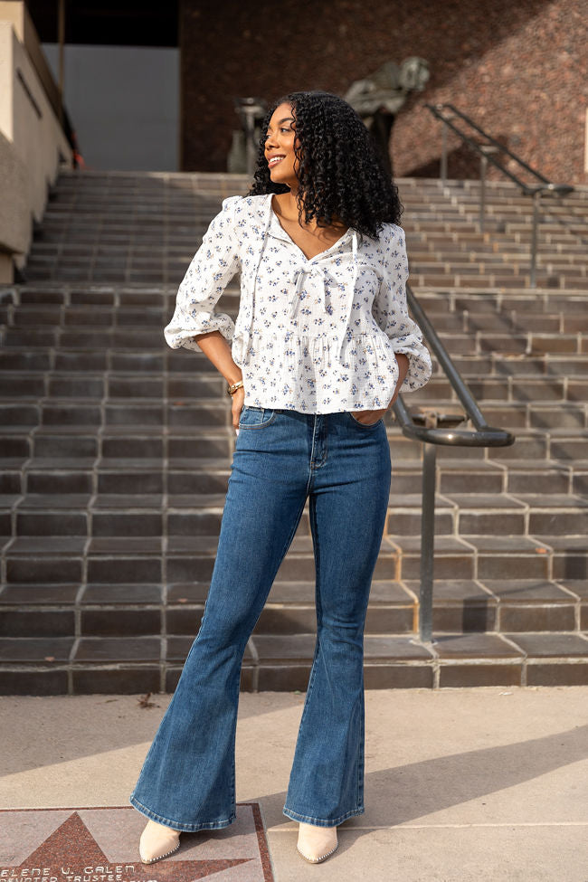 Close To Me Ivory and Blue Bow Detail Floral Blouse