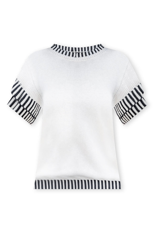 Piece Of My Heart Ivory And Black Short Sleeve Trim Detail Sweater