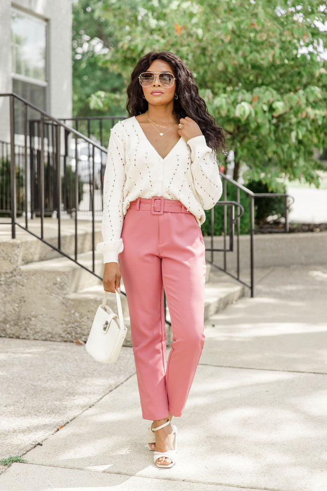 Pink Belted Trousers  Summer work outfits, Outfits with leggings