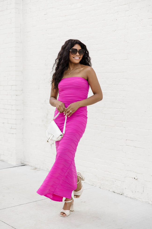 Brighten The Day Pink Strapless Textured Midi Dress FINAL SALE – Pink Lily