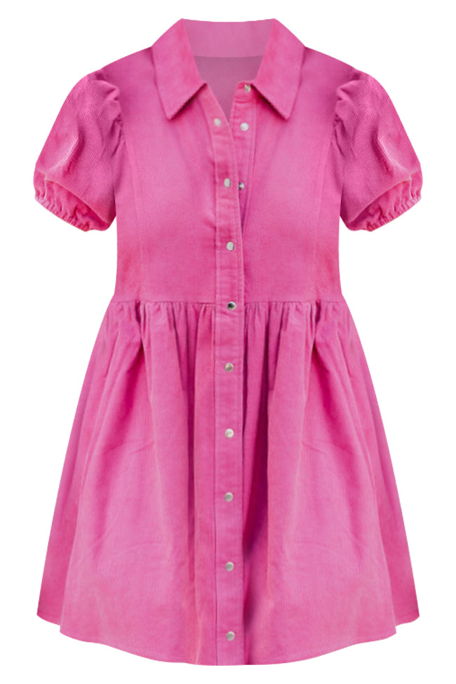 Pour Your Heart Out Pink Corded Puff Sleeve Button Up Mini Dress FINAL SALE