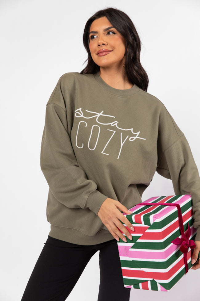 Stay Cozy Olive Oversized Graphic Sweatshirt