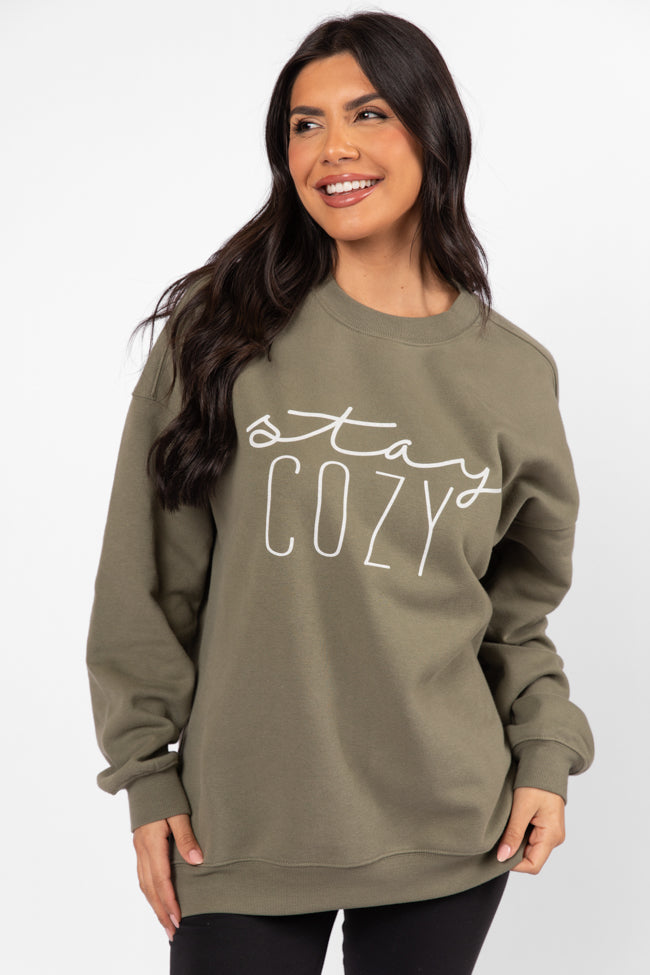 Stay Cozy Olive Oversized Graphic Sweatshirt