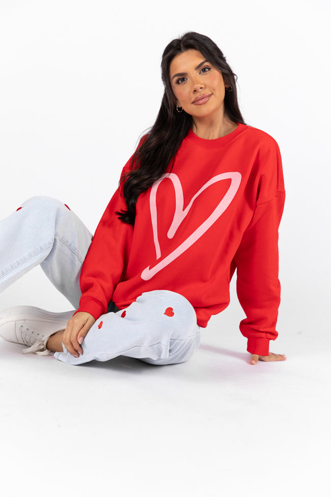 Heart Sketch Red Oversized Graphic Sweatshirt