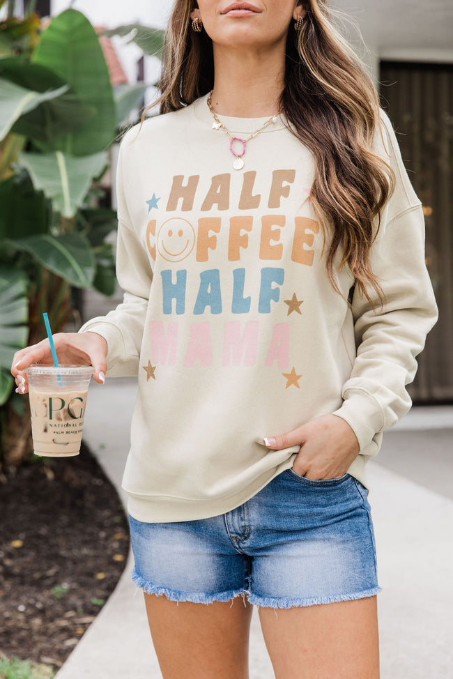 Half Coffee and Half Mama Light Tan Oversized Graphic Sweatshirt