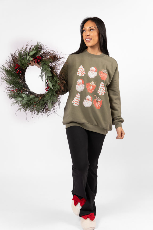 Santa Christmas Cakes Olive Oversized Graphic Sweatshirt DOORBUSTER