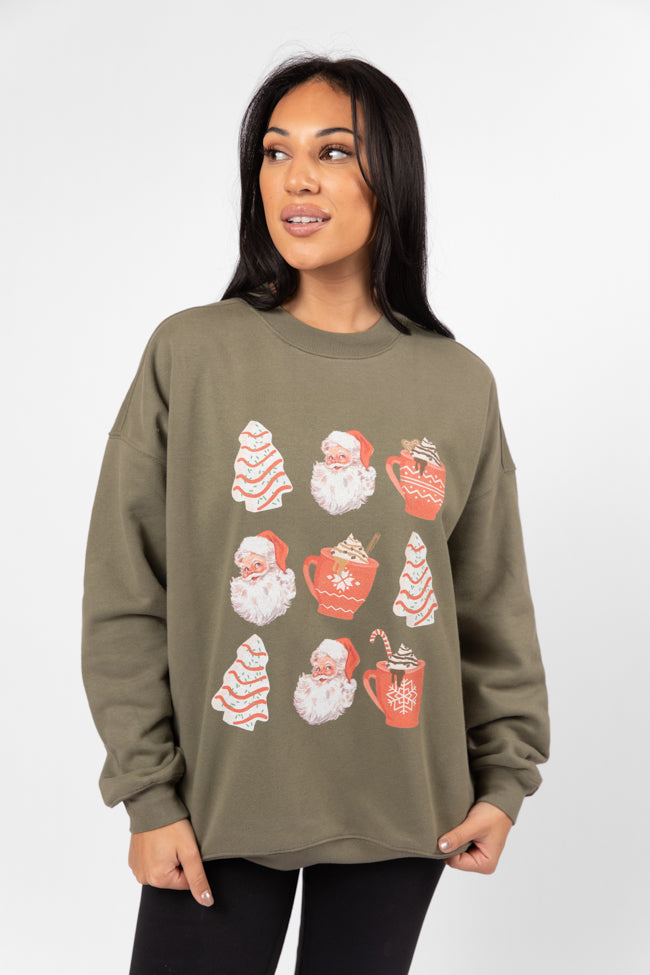 Santa Christmas Cakes Olive Oversized Graphic Sweatshirt DOORBUSTER