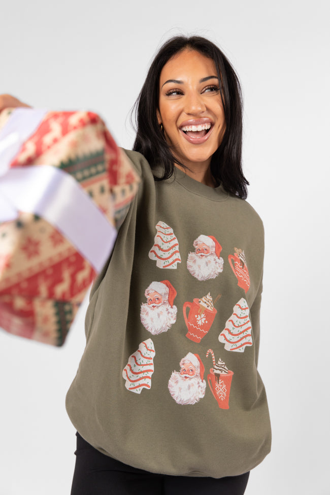 Santa Christmas Cakes Olive Oversized Graphic Sweatshirt DOORBUSTER