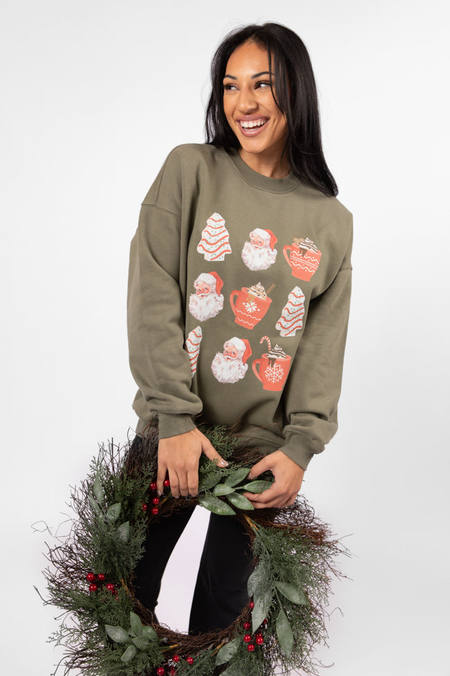 Santa Christmas Cakes Olive Oversized Graphic Sweatshirt DOORBUSTER